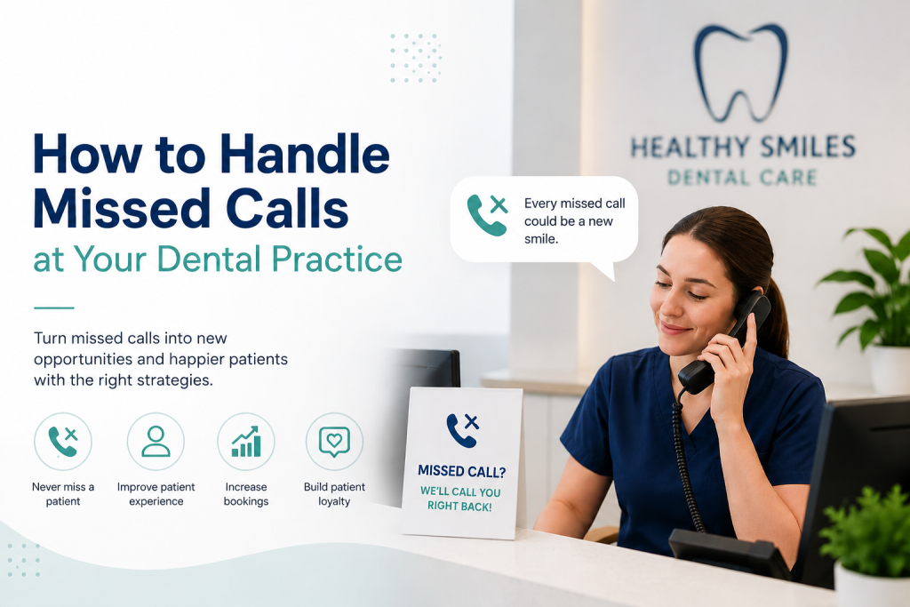 Dental practice receptionist handling an incoming patient call in a modern dental office. Blog banner about managing missed calls at a dental practice, improving patient communication, increasing appointment bookings, enhancing patient experience, and reducing lost revenue through effective call management.