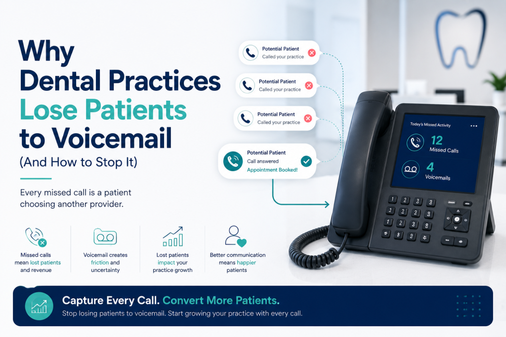 Dental practice phone showing missed calls and voicemails with patient booking opportunities.